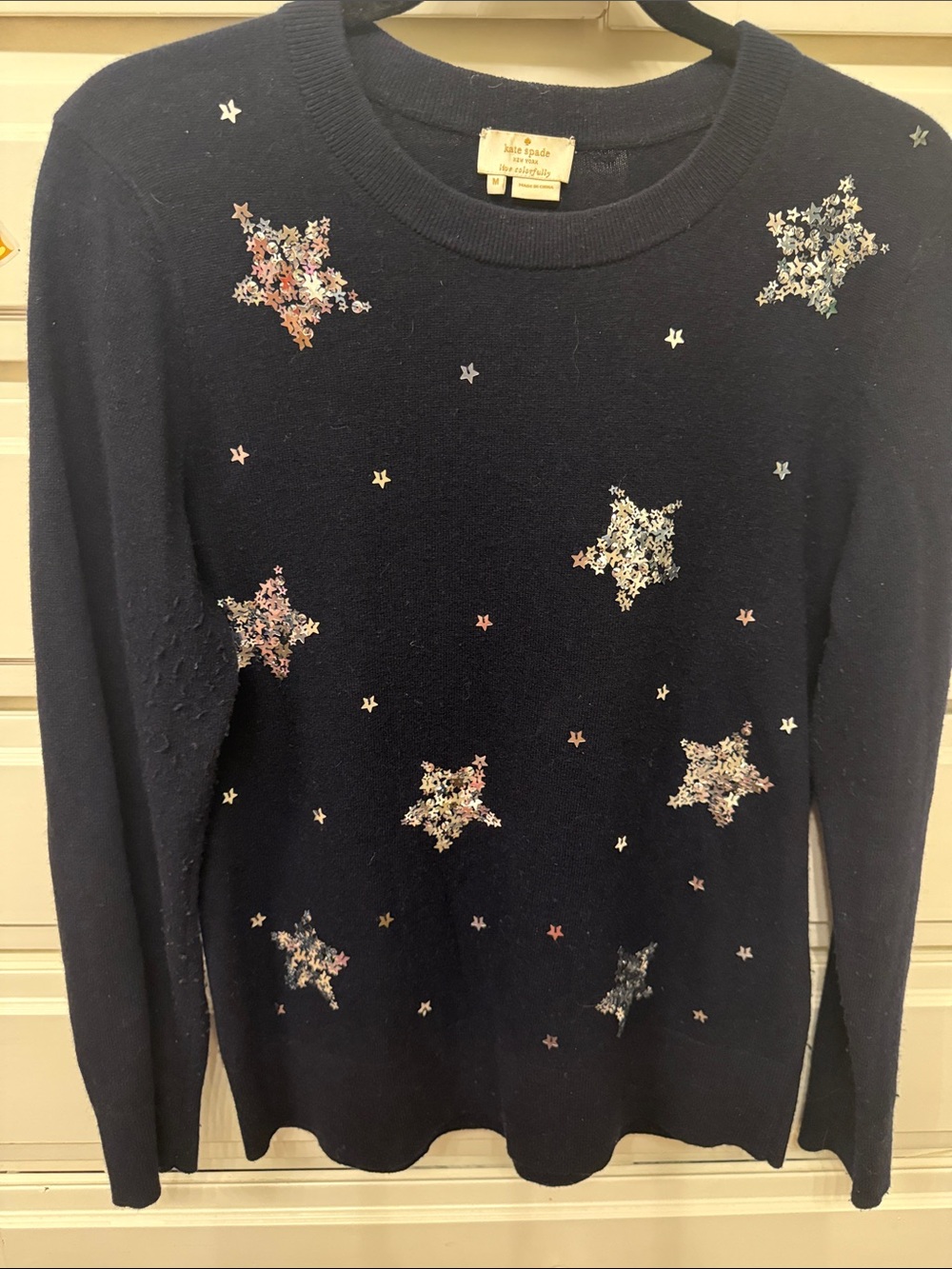 kate spade Navy Star Sequin Crewneck Sweater. Medium